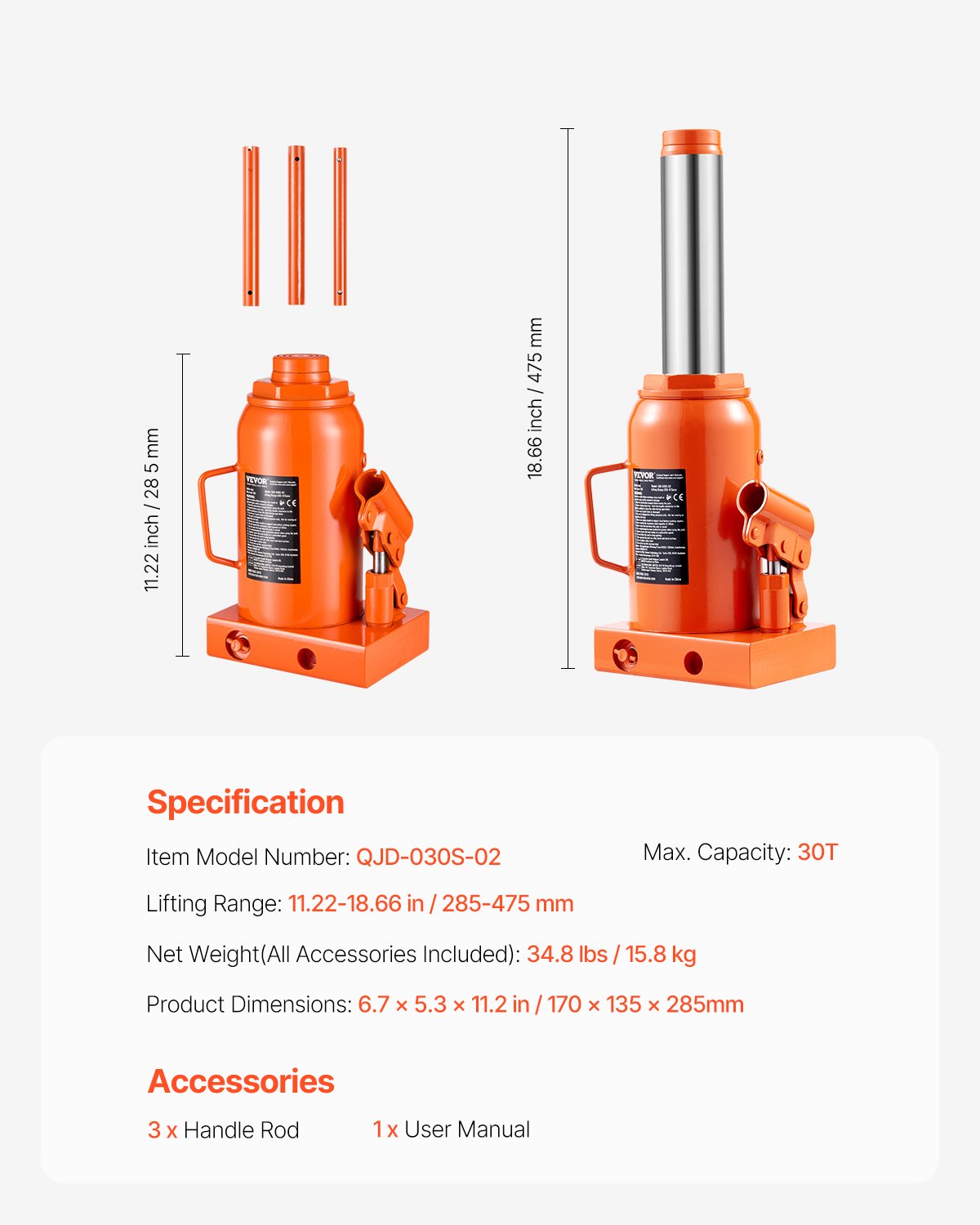 Hidraulinis domkratas VEVOR QJD-030S-02, 30 t