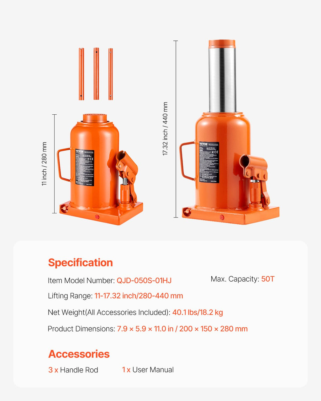 Hidraulinis domkratas VEVOR QJD-050S-01HJ, 50 t