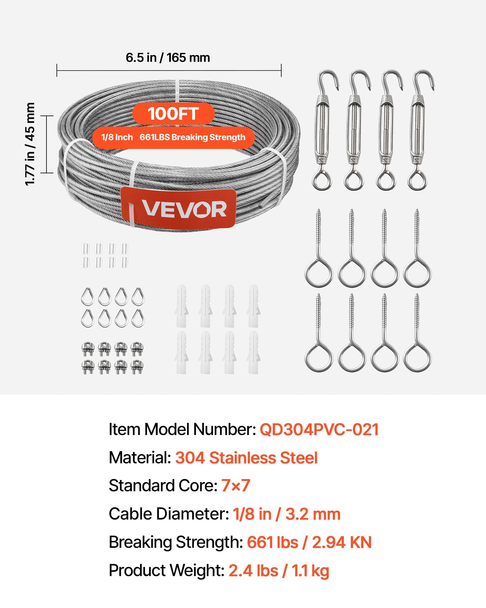 Plieninio lyno rinkinys VEVOR QD304PVC-021, 3,2 mm x 30,5 m