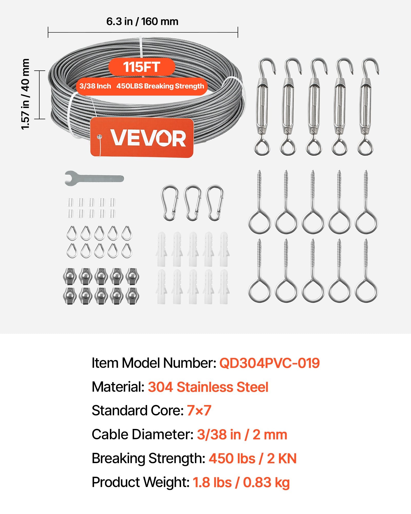 Plieninis trosas su priedais VEVOR QD304PVC-019, 35,1 m