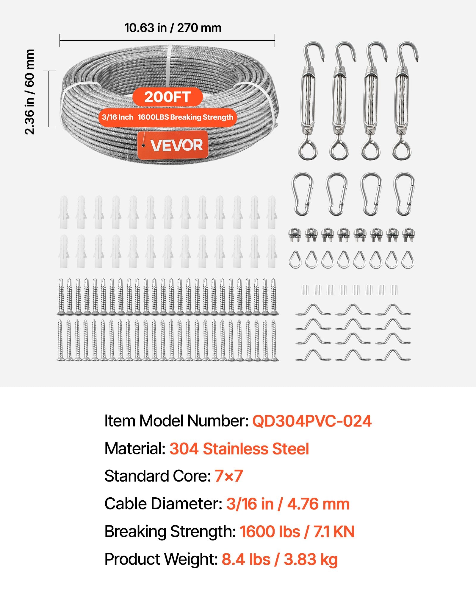 Plieninis trosas VEVOR QD304PVC-024, 61 m ilgio