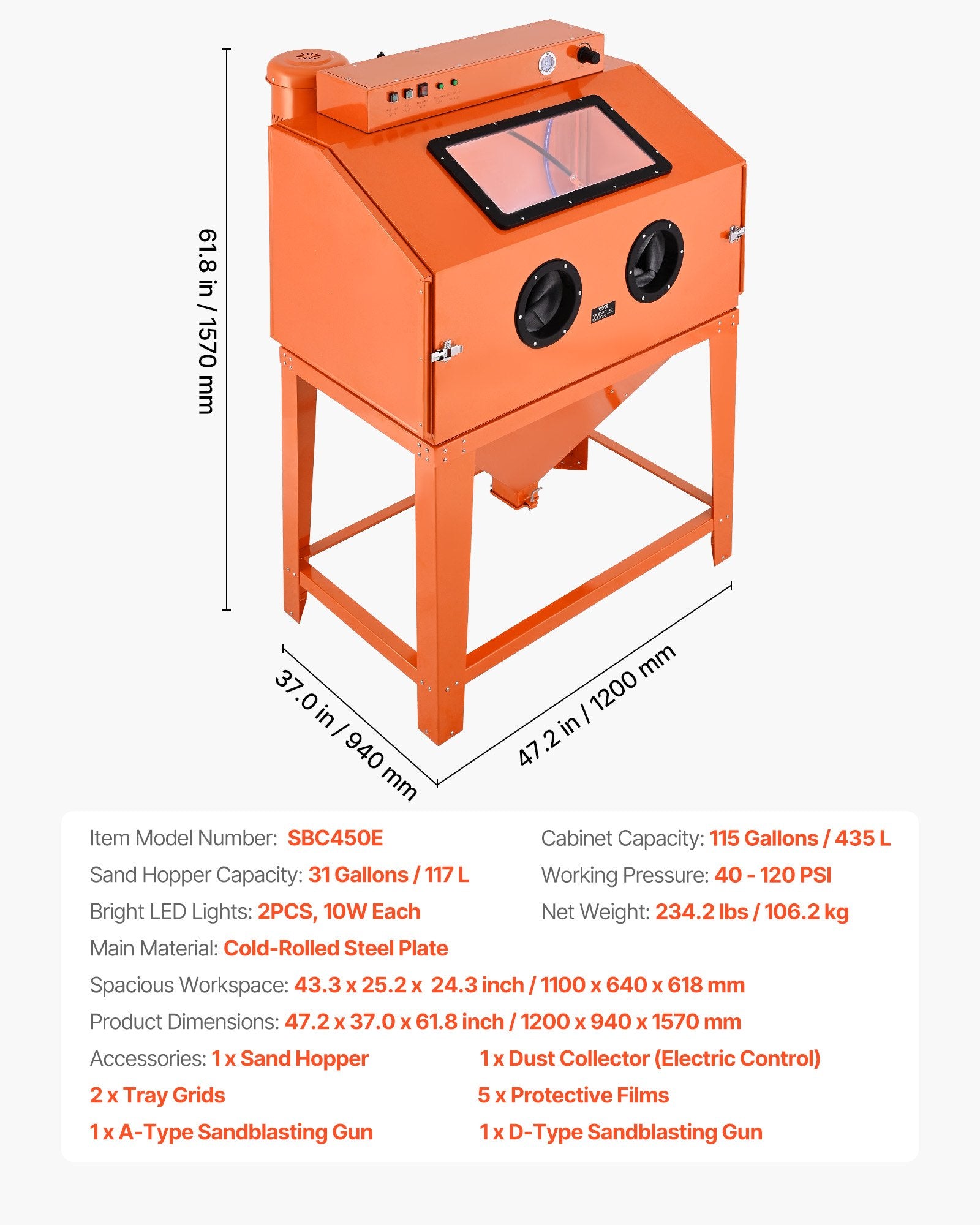 Smėliavimo kamera VEVOR SBC450E, 435 l