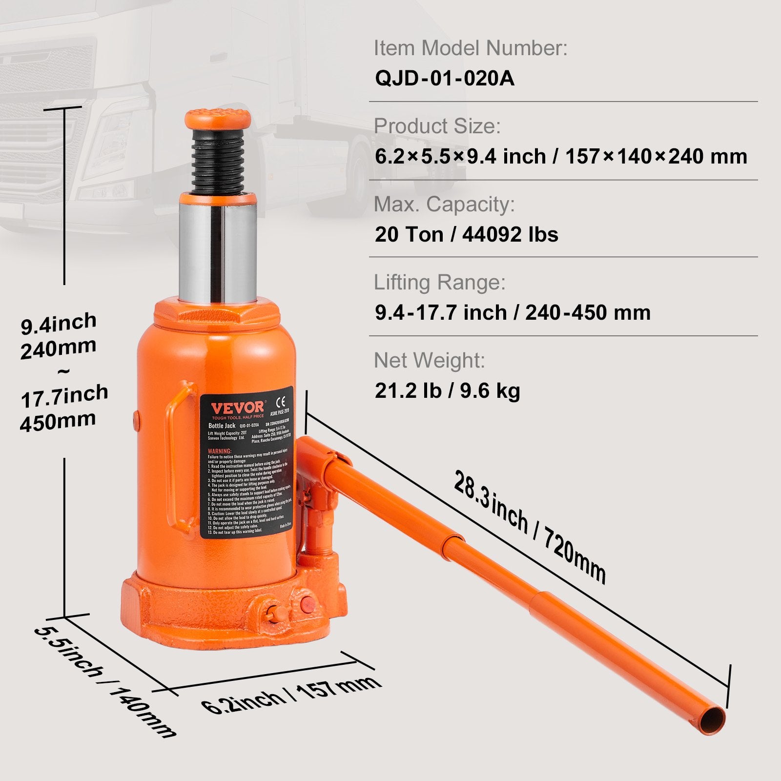 Hidraulinis domkratas VEVOR QJD-01-020A, 20 t