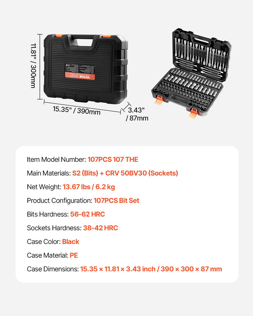 Galvučių ir antgalių rinkinys VEVOR 107PCS 107 THE, 107 dalių