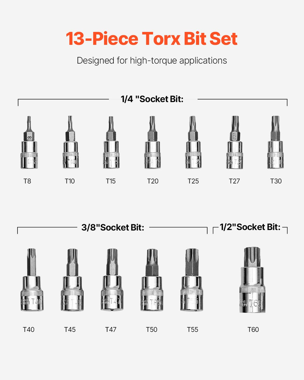 Torx galvučių ir antgalių rinkinys VEVOR 13PCS 13T, 13 dalių (T8–T60)