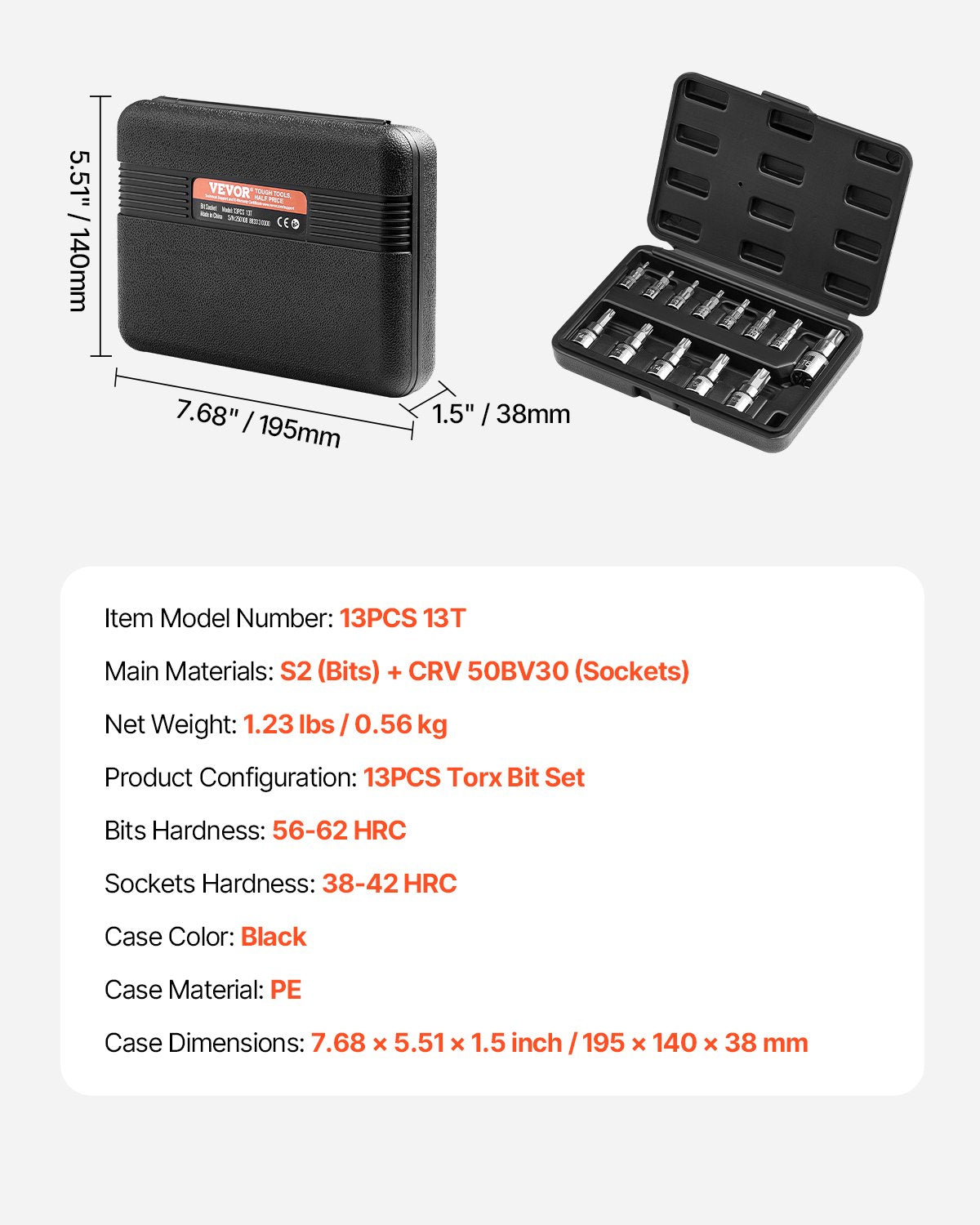 Torx galvučių ir antgalių rinkinys VEVOR 13PCS 13T, 13 dalių (T8–T60)
