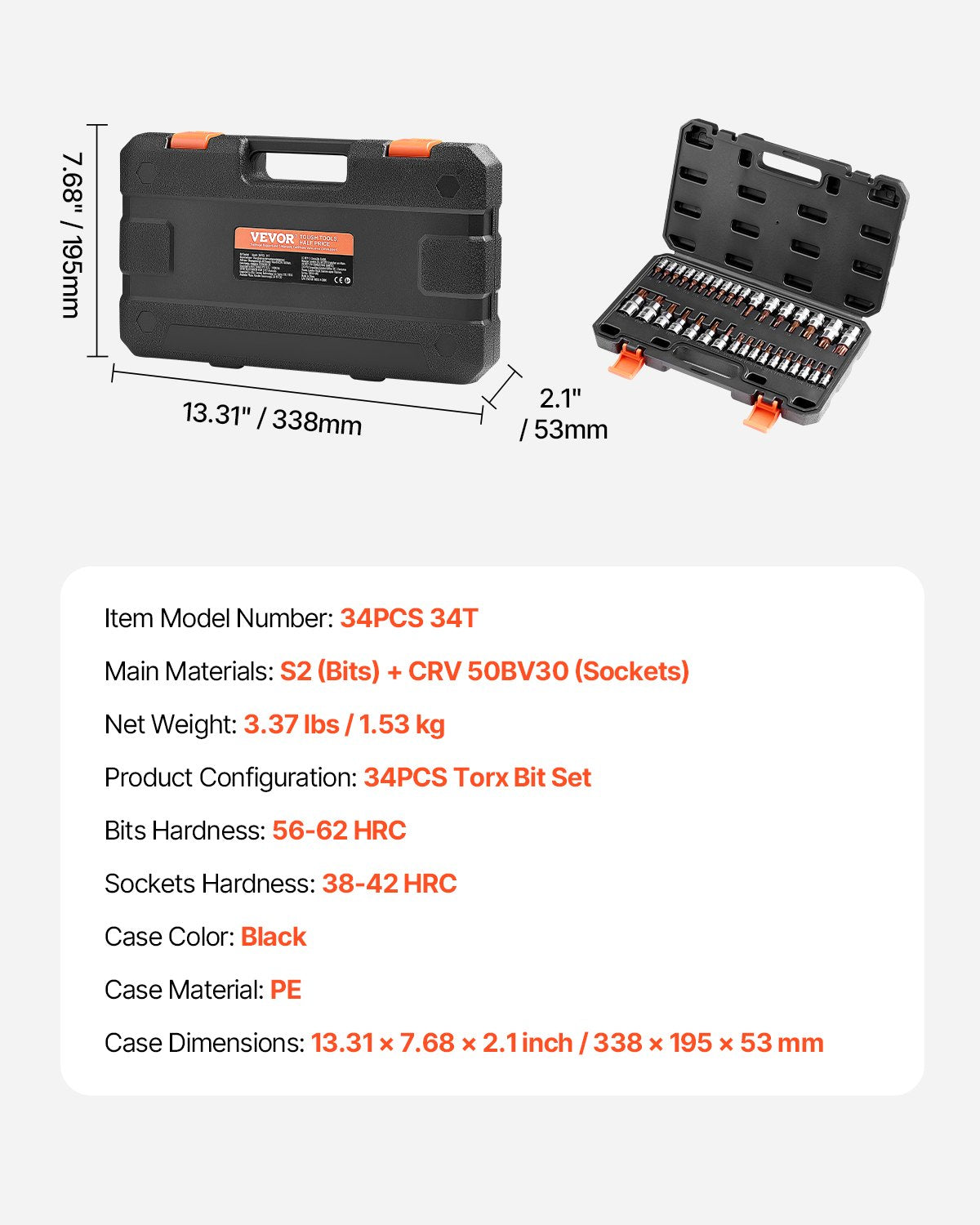 Torx galvučių ir antgalių rinkinys VEVOR 34PCS 34T, 34 dalių