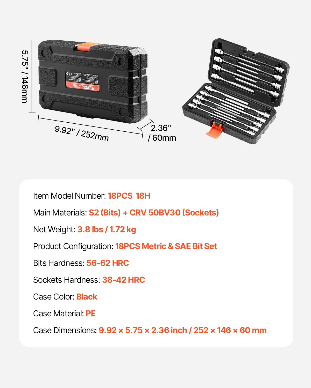 Šešiakampių galvučių (Allen) rinkinys VEVOR 18PCS 18H, 18 dalių