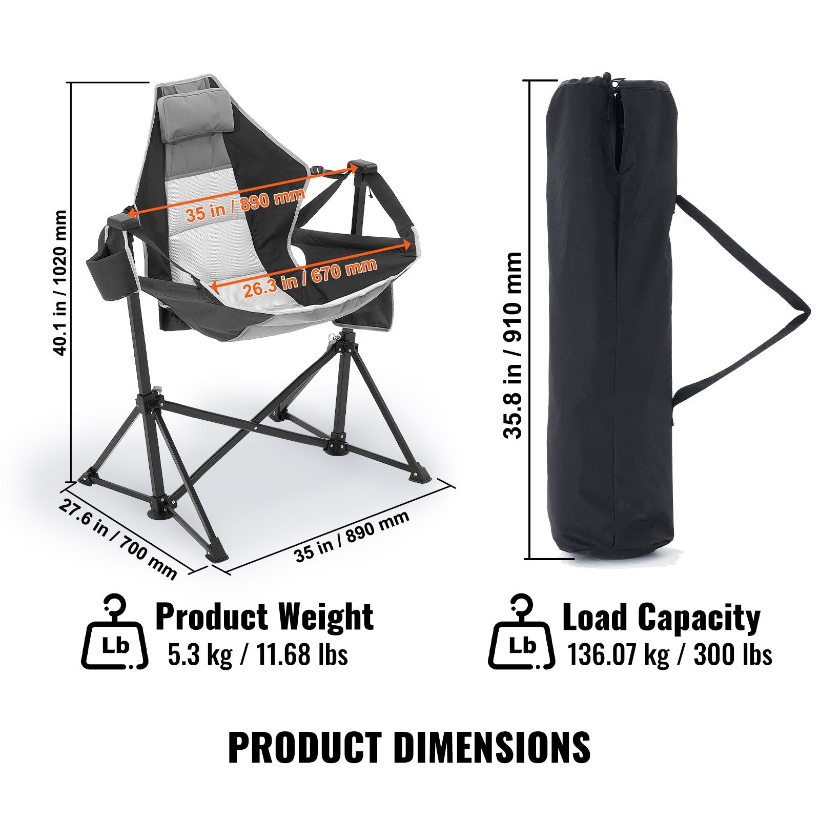 Atlošiama kempingo kėdė-hamakas VEVOR HKC-1003SW, 136 kg apkrova