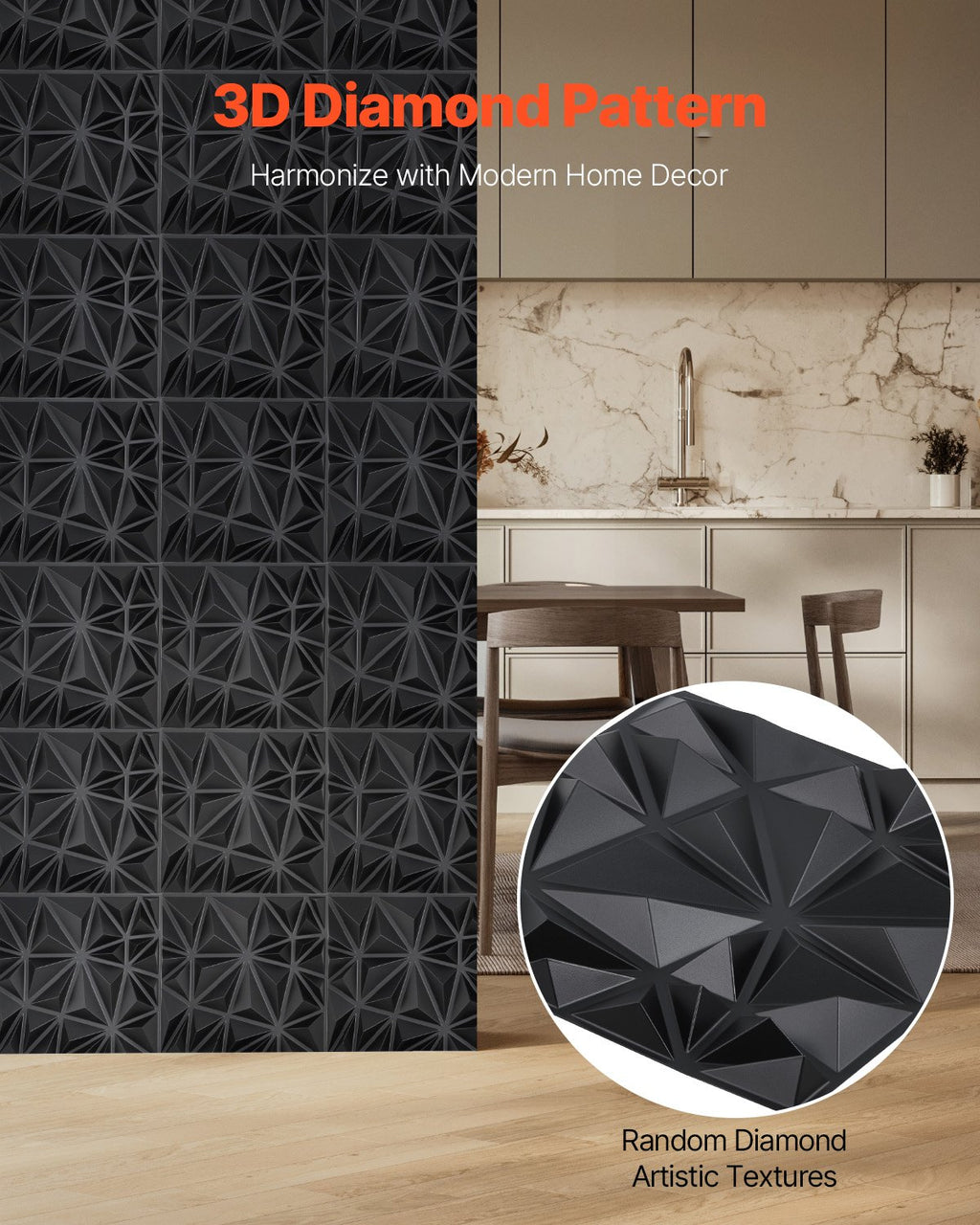 3D sienų panelės VEVOR TD074, 33 vnt. (2,97 m²)