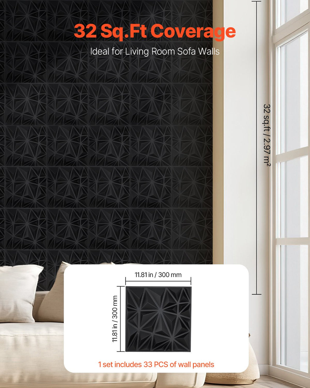 3D sienų panelės VEVOR TD074, 33 vnt. (2,97 m²)