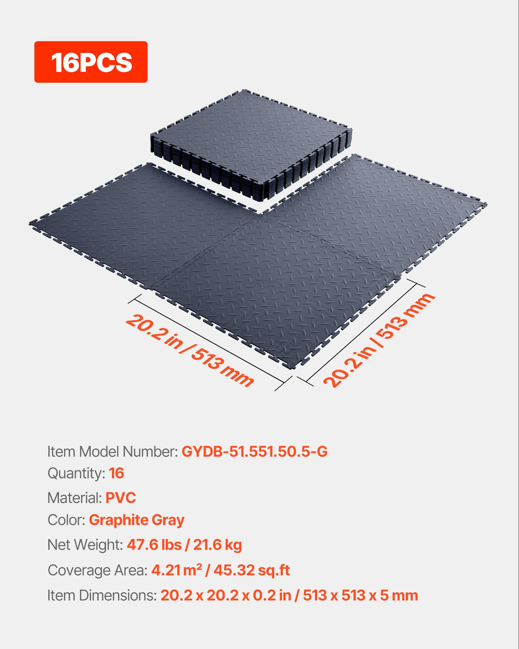 Garažo grindų plytelės VEVOR GYDB-51.551.50.5-G, 16 vnt. (4,21 m²)