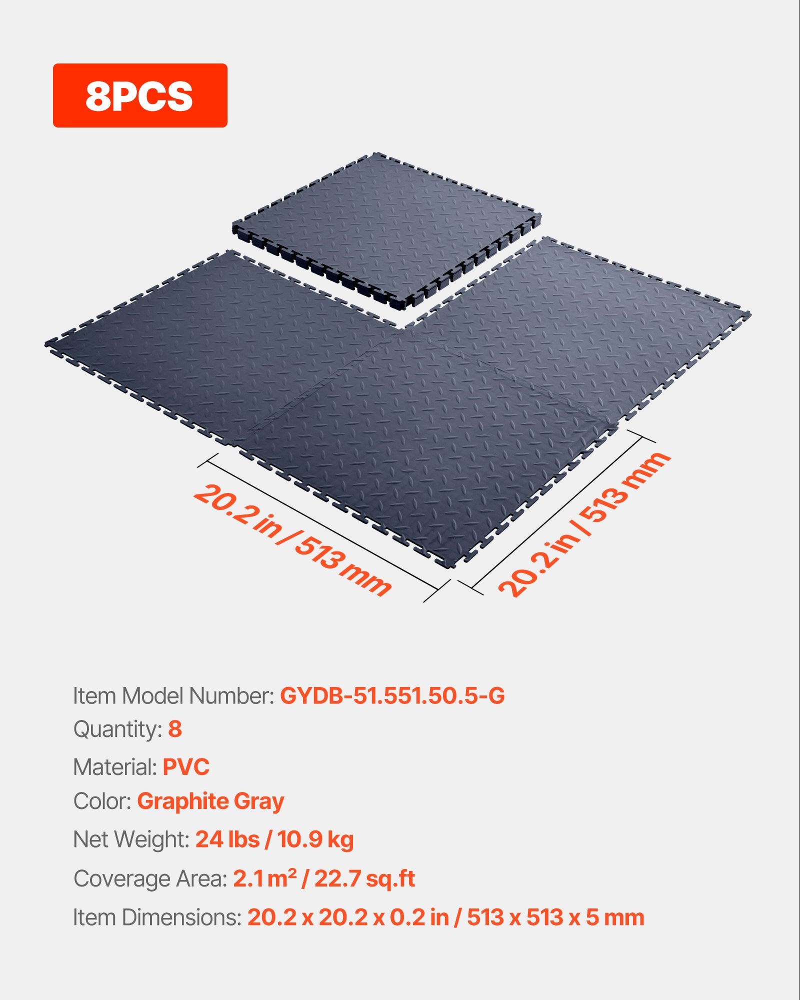 Garažo grindų plytelės VEVOR GYDB-51.551.50.5-G, 513 x 513 x 5 mm, 8 vnt.