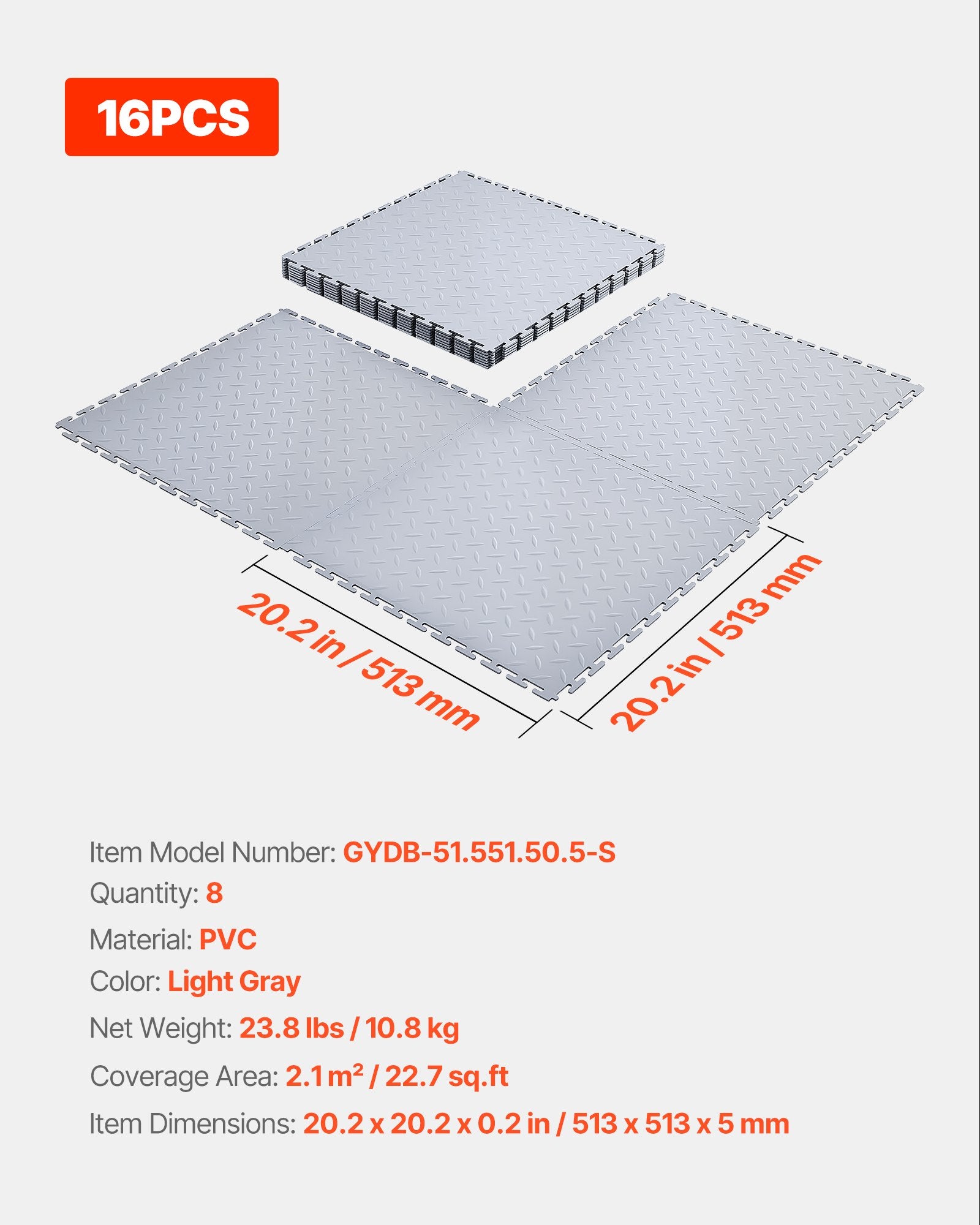 Garažo grindų plytelės VEVOR GYDB-51.551.50.5-S, 8 vnt., 513 x 513 x 5 mm