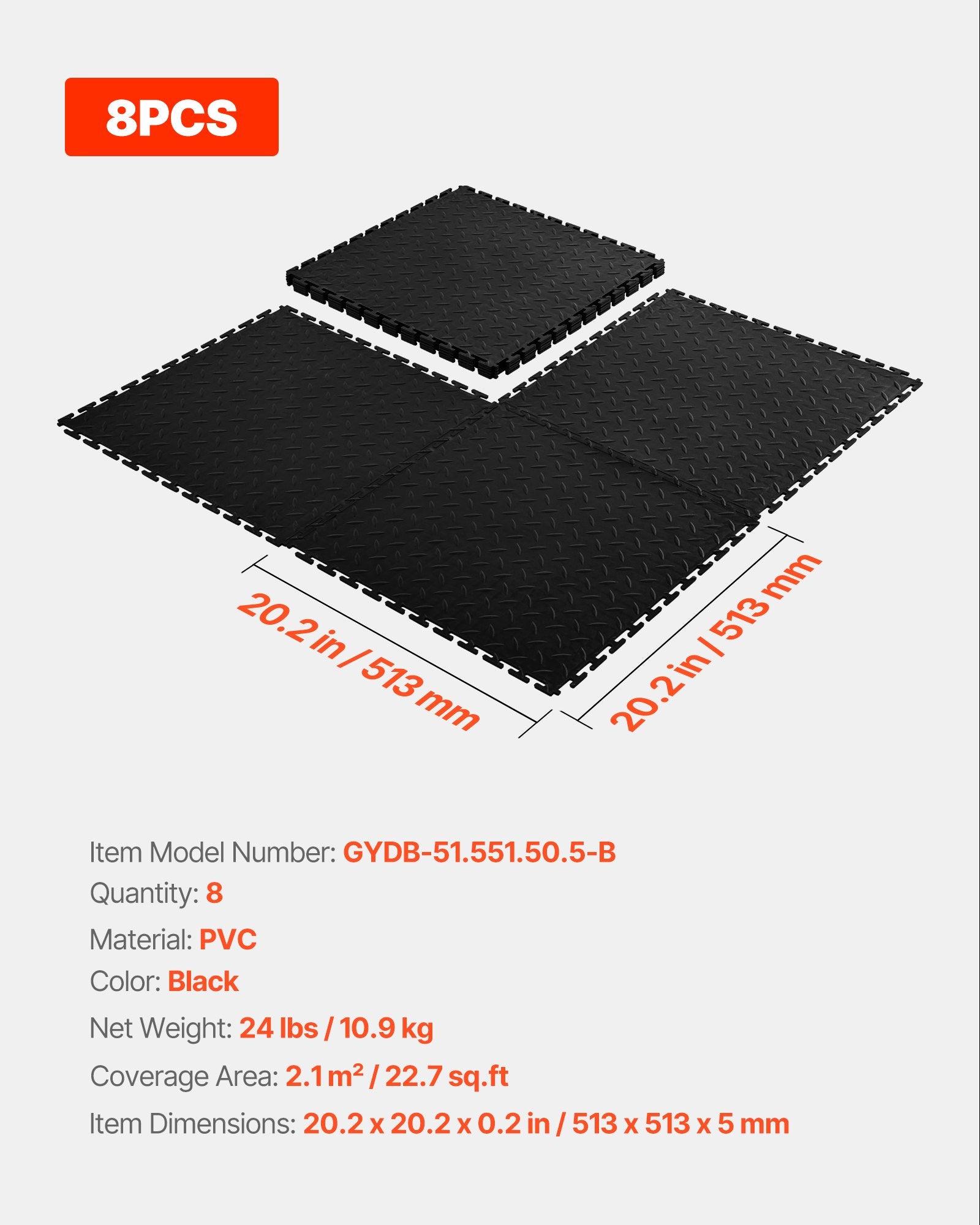 Garažo grindų plytelės VEVOR GYDB-51.551.50.5-B, 513 x 513 x 5 mm