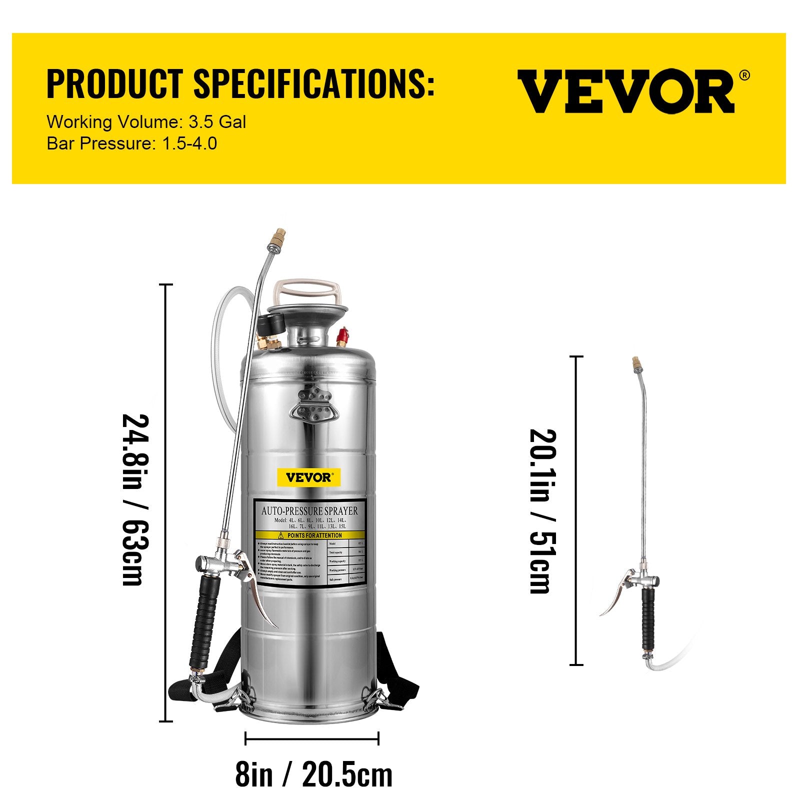 Nerūdijančio plieno purkštuvas VEVOR 12L, 1.5-4.0 bar
