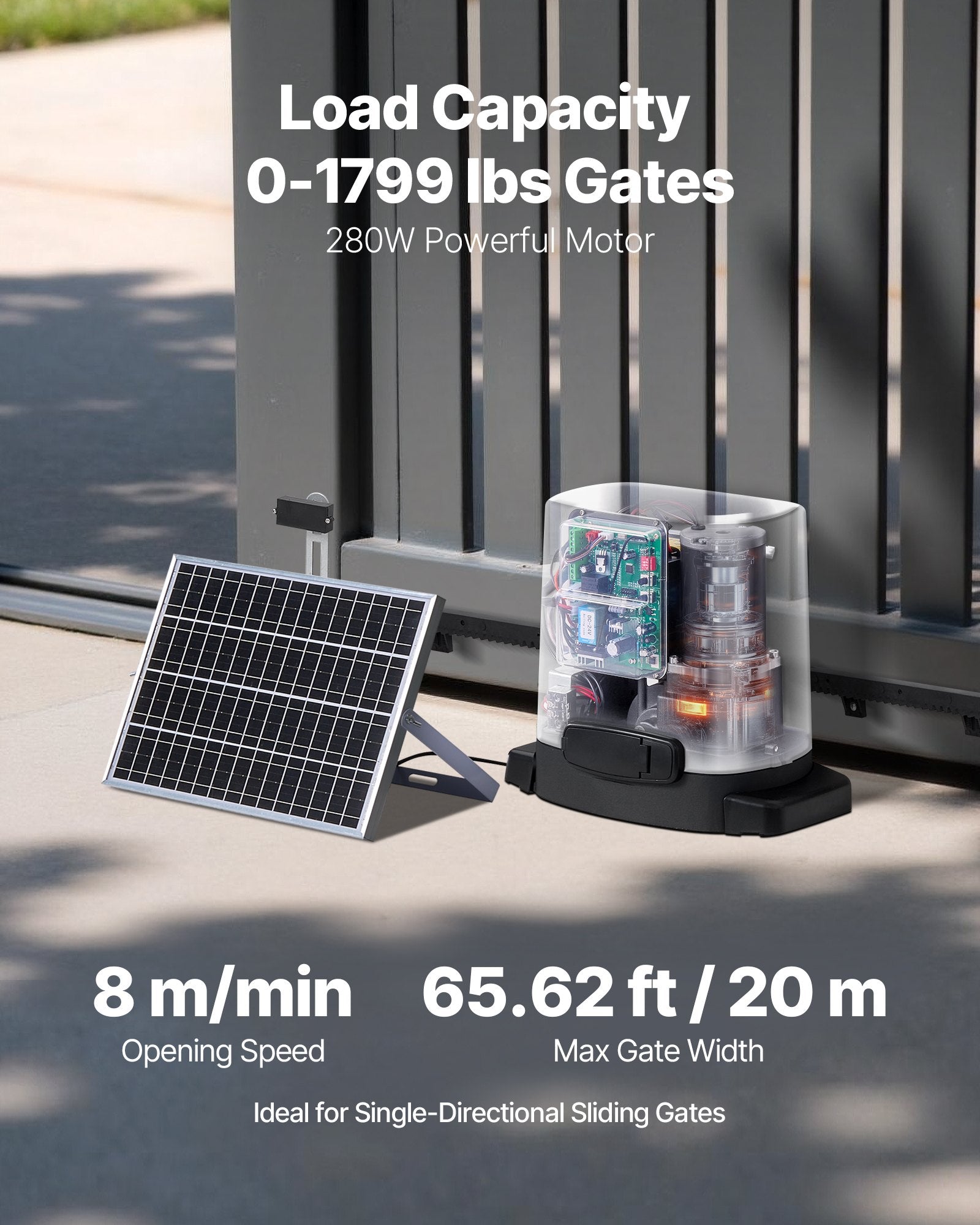 Saulės energija maitinama stumdomų vartų pavara VEVOR MD280, 816 kg