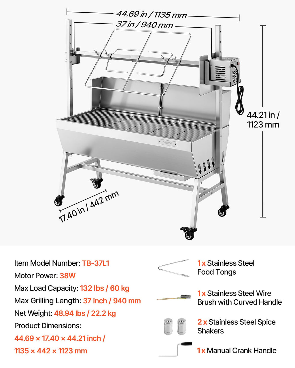 Elektrinis iešmas-kepsninė VEVOR TB-37L1, 60 kg apkrova