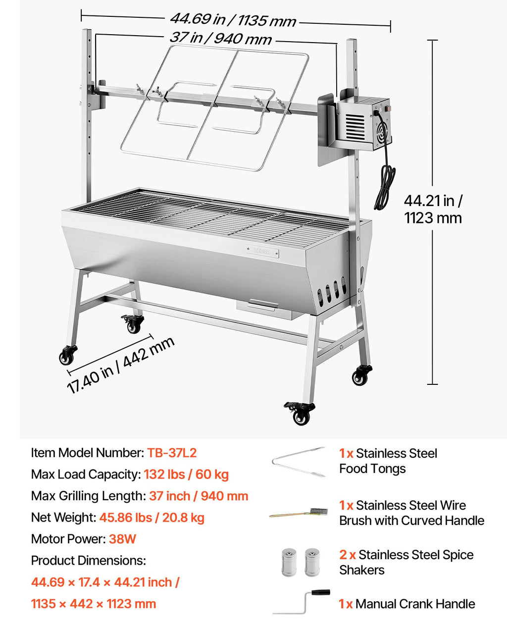 Elektrinis kepsninės iešmas VEVOR TB-37L2, 60 kg keliamoji galia