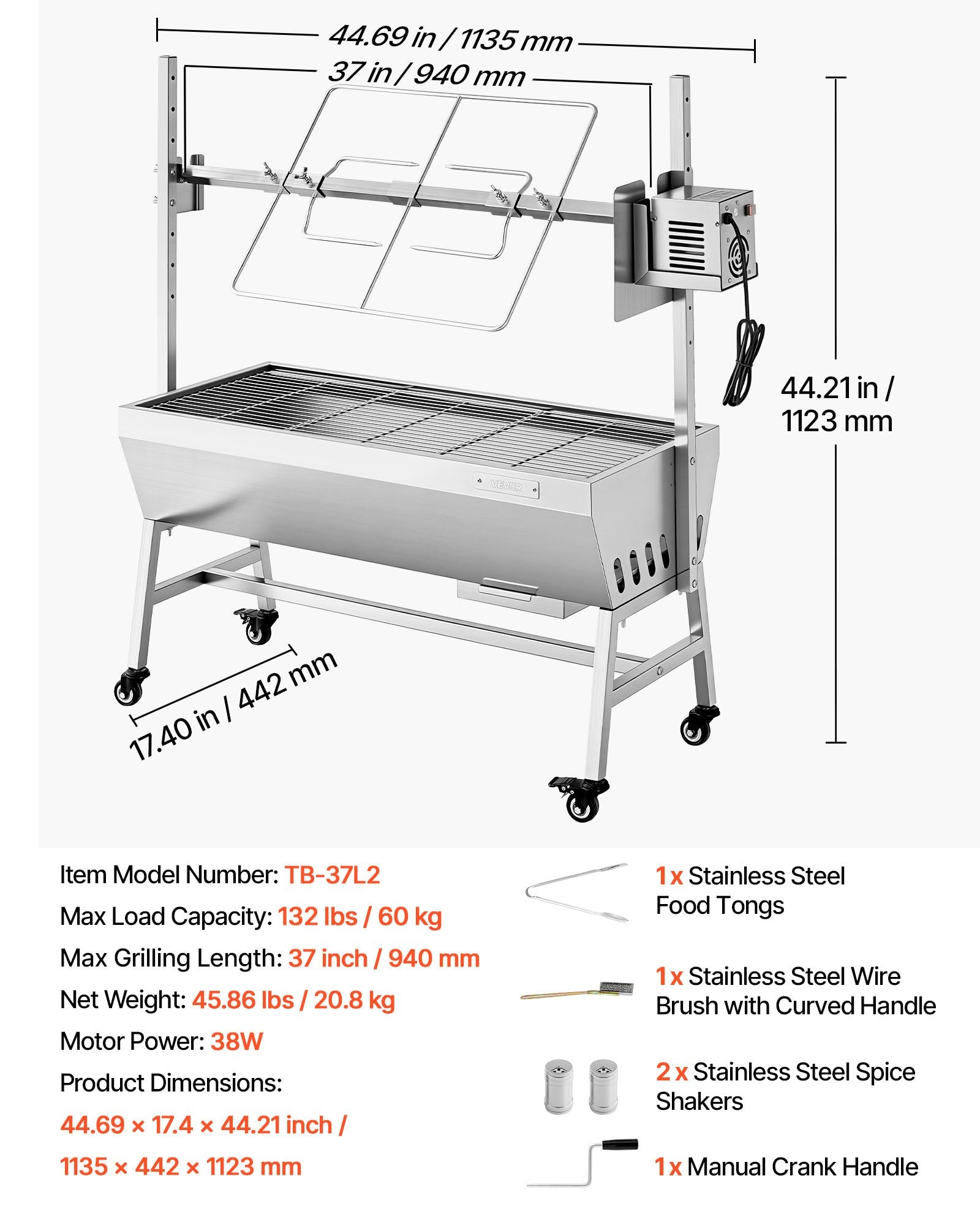 Elektrinis kepsninės iešmas VEVOR TB-37L2, 60 kg keliamoji galia