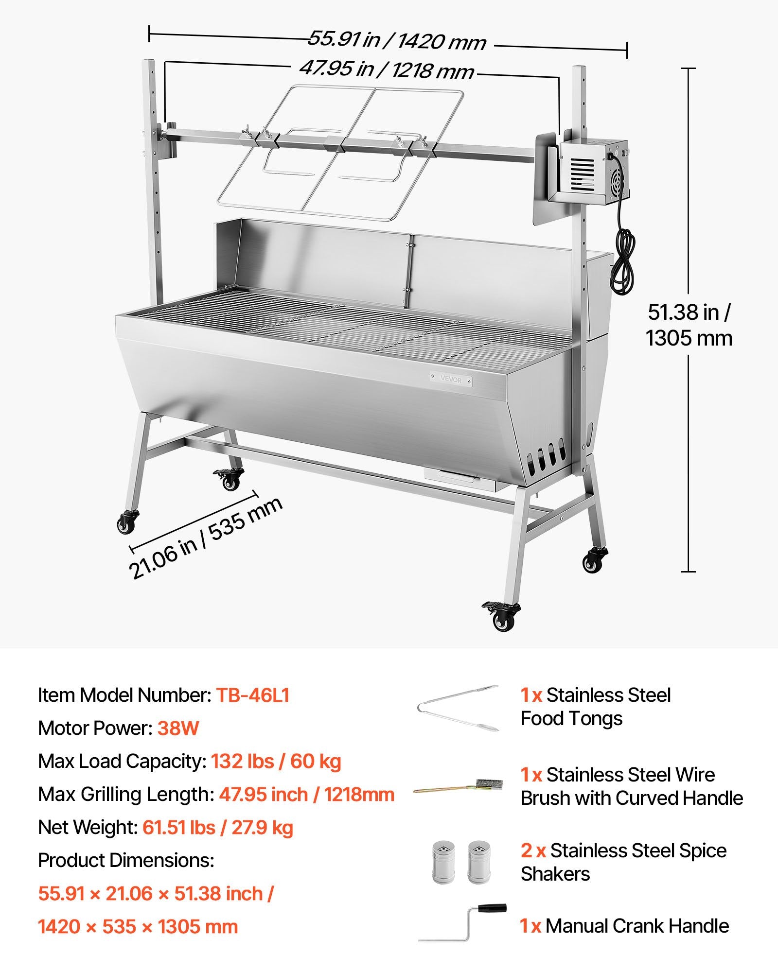 Elektrinis kepsninės iešmas VEVOR TB-46L1, 60 kg keliamoji galia