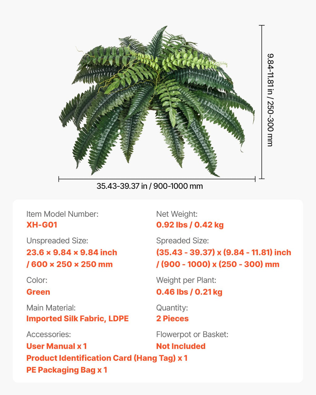 Dirbtiniai paparčiai VEVOR XH-G01, skersmuo 90–100 cm