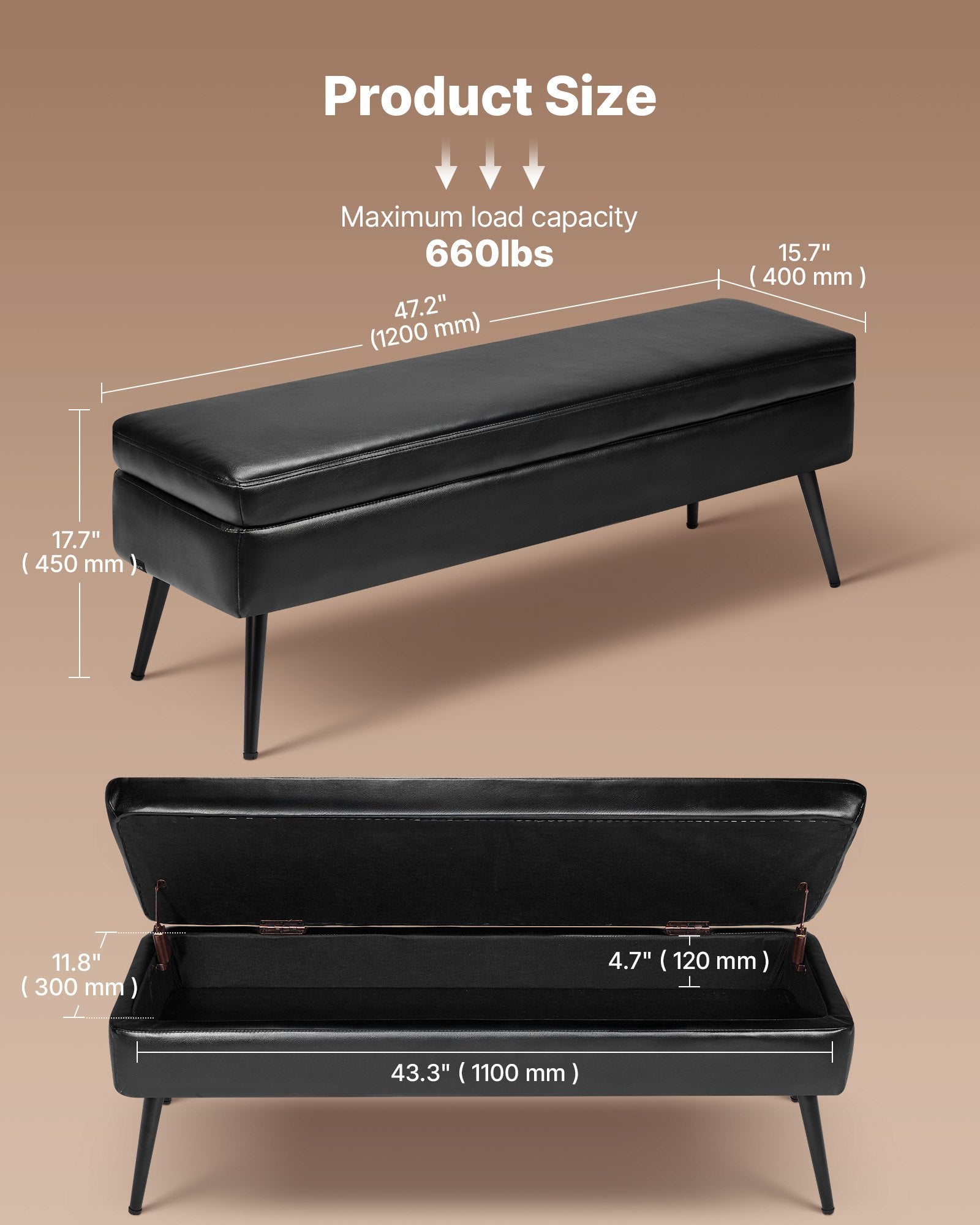 Suoliukas su daiktadėže VEVOR CWD0115CA-KD-BLACK, 120 cm ilgio