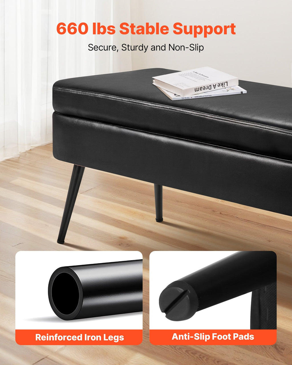 Suoliukas su daiktadėže VEVOR CWD0115CA-KD-BLACK, 120 cm ilgio