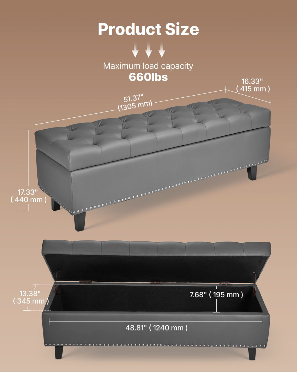 Suoliukas su daiktadėže VEVOR CWD0117CA-KD-GRAY, 130 cm ilgio