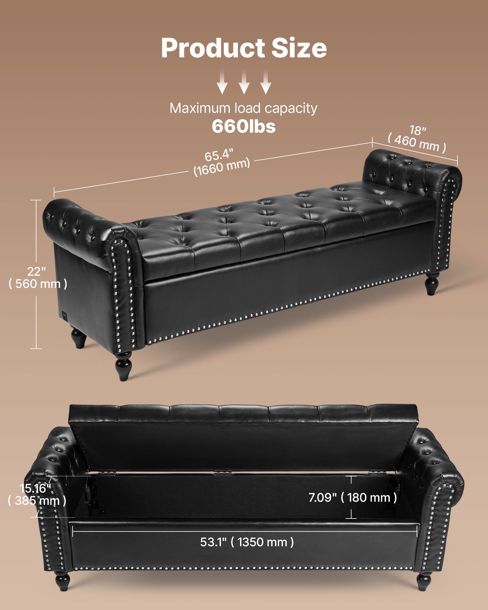 Minkštasuolis su daiktadėže VEVOR CWD0112CA-KD-BLACK, 166 cm ilgio