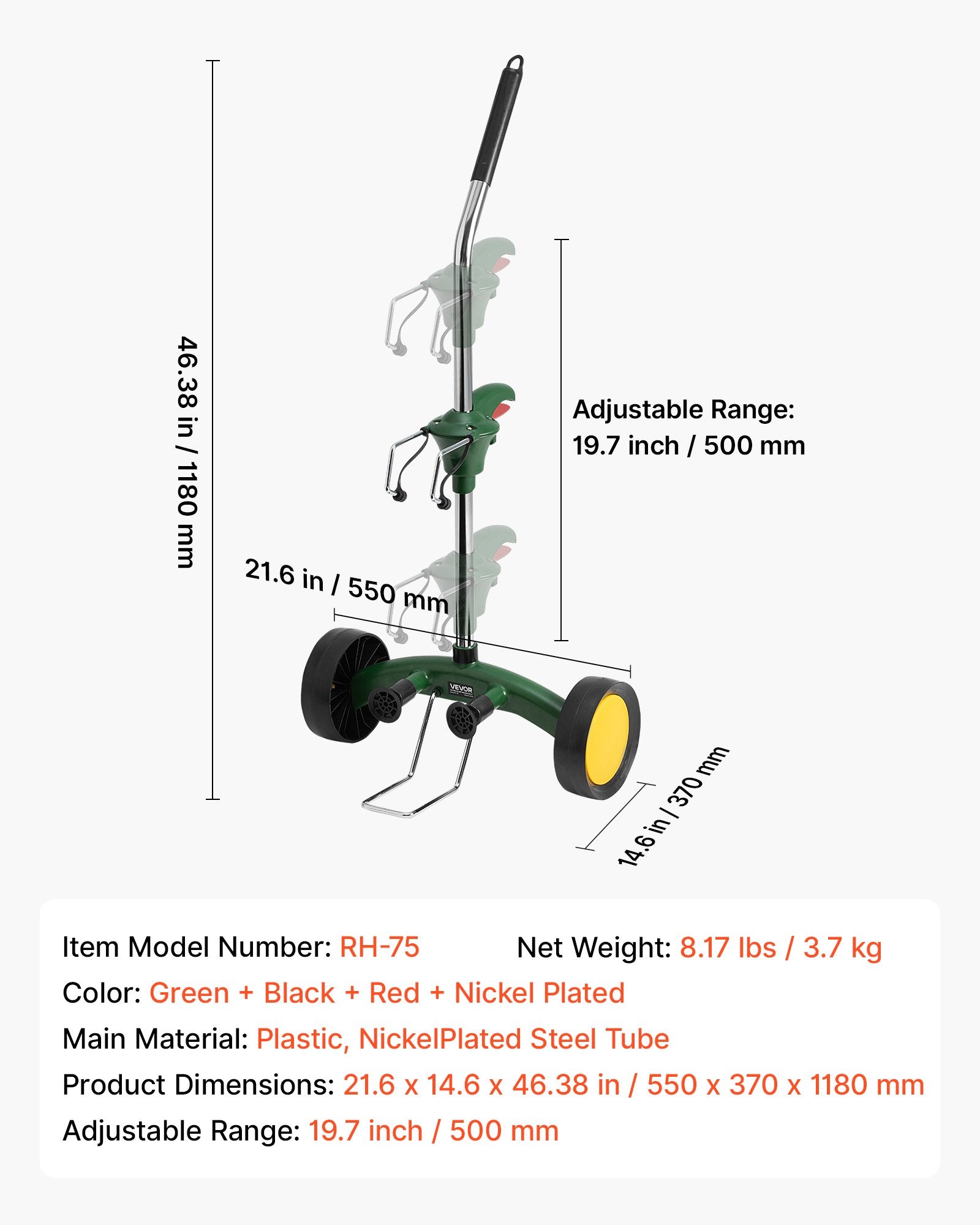 Sodo vazonų vežimėlis VEVOR RH-75, iki 65 kg keliamosios galios