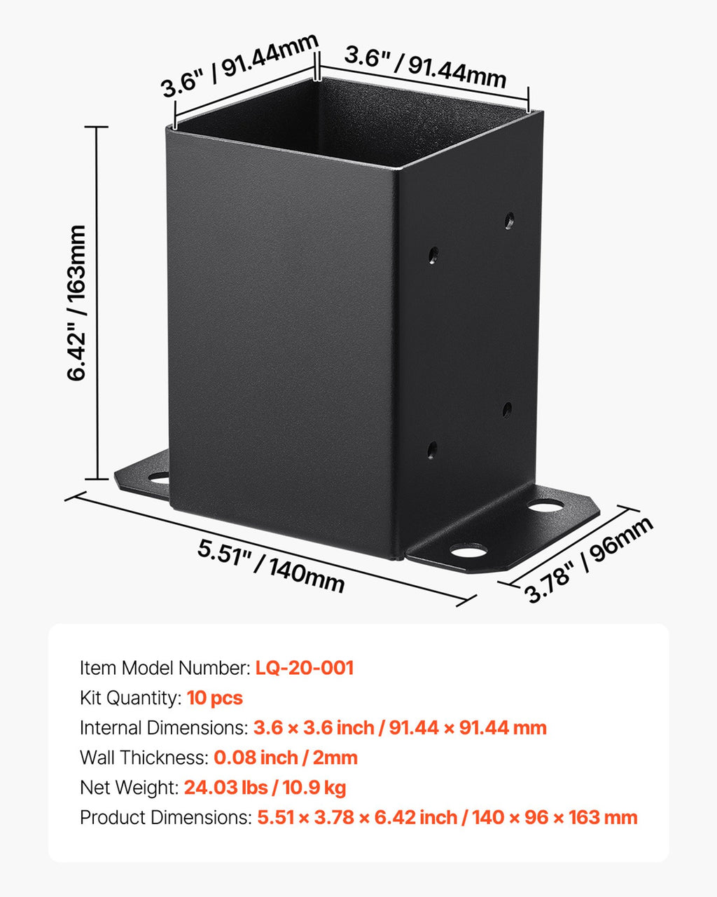 Kolonų padai VEVOR LQ-20-001, 91,44 x 91,44 mm, 10 vnt.