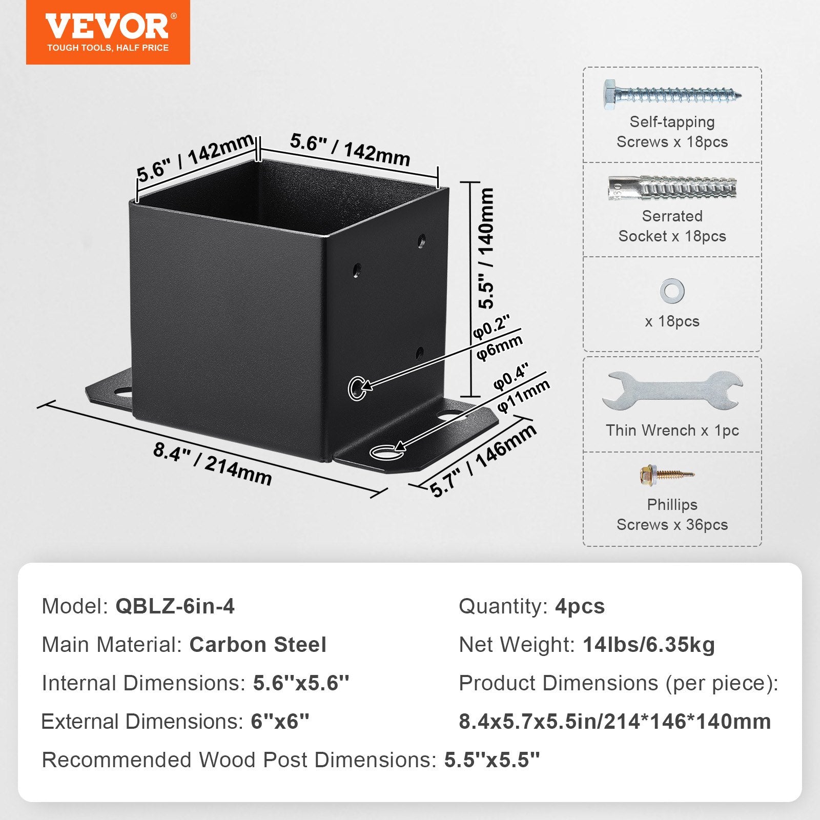 Kolonų padai VEVOR QBLZ-6in-4, 142x142 mm, 4 vnt.