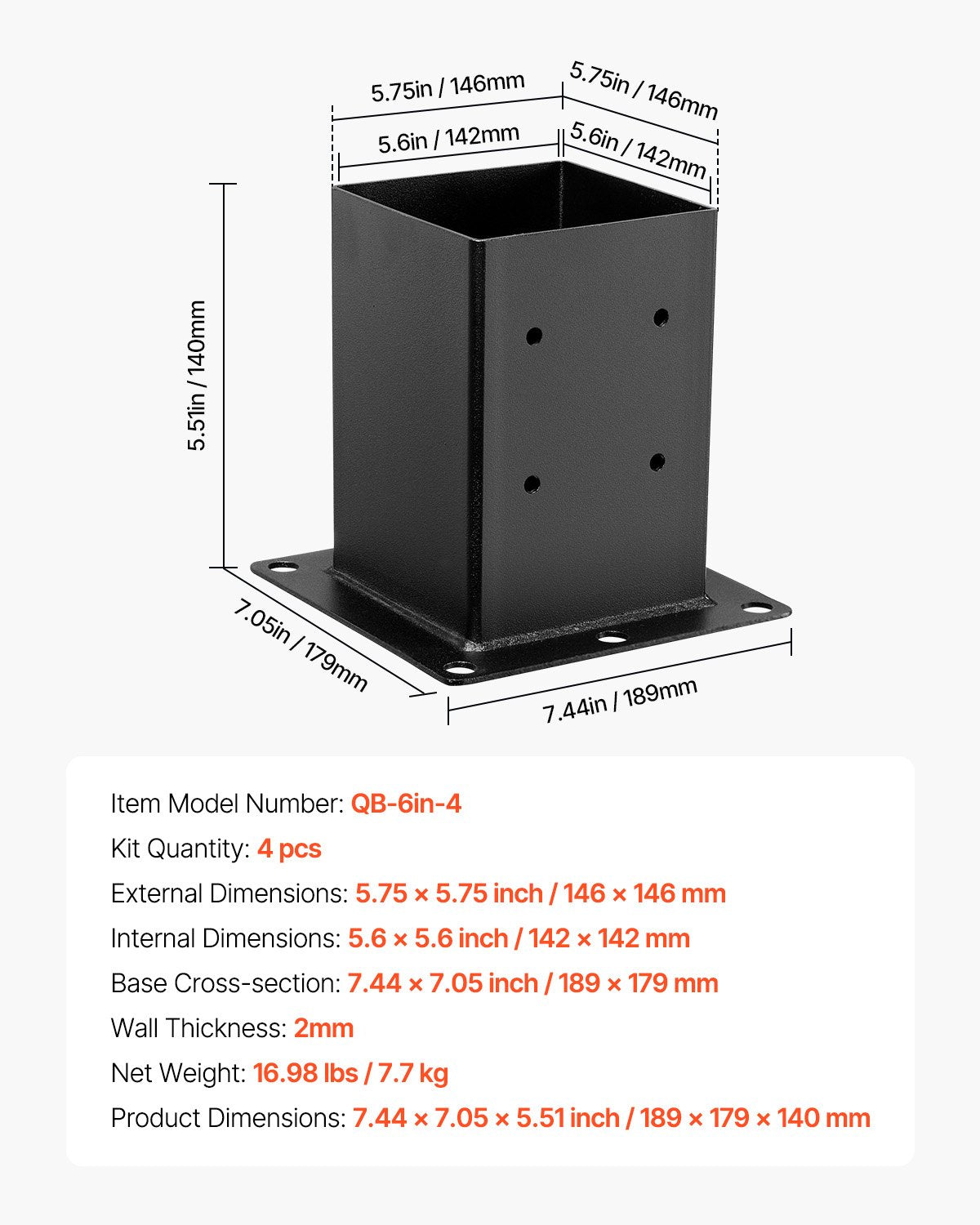 Kolonų atramos VEVOR QB-6in-4, 142x142 mm, 4 vnt.