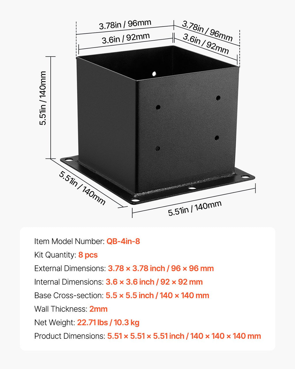 Kolonų padai VEVOR QB-4in-8, 92x92 mm, 8 vnt.