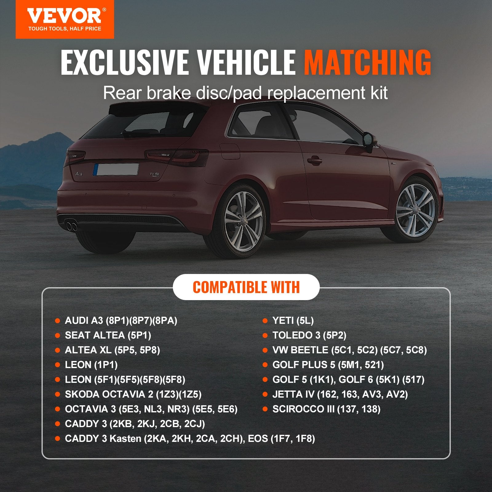 Galinių stabdžių komplektas VEVOR Audi A3, VW Golf 5/6, 253 mm