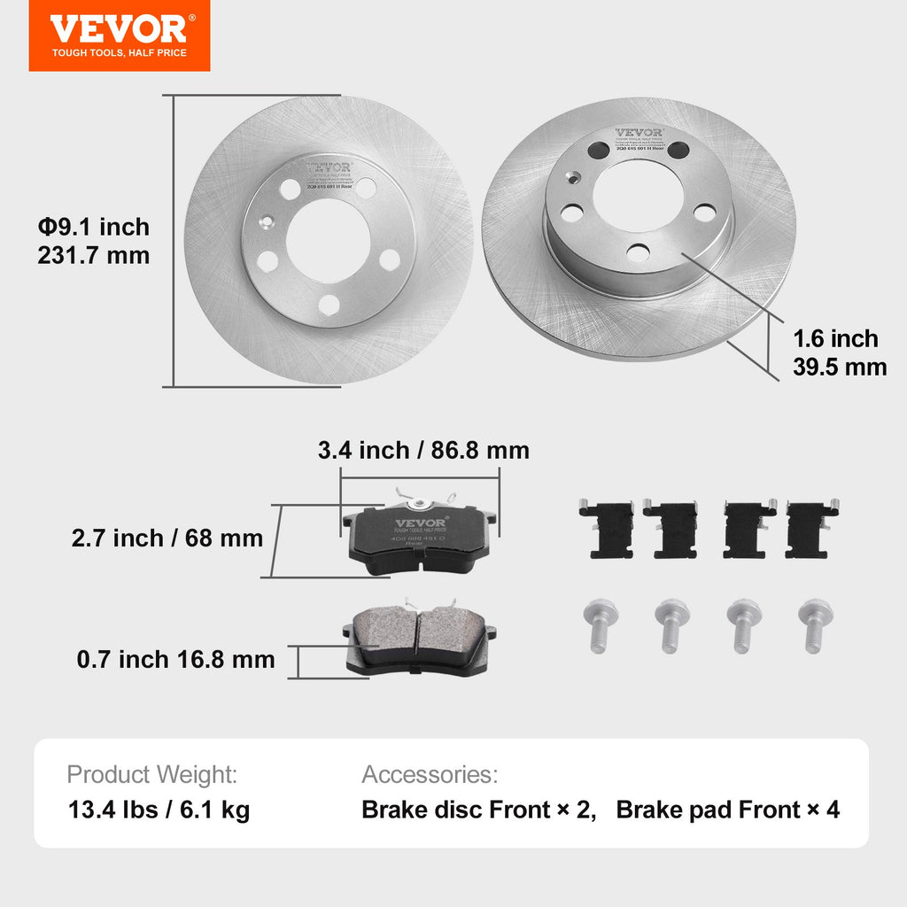 Galinių stabdžių diskų ir kaladėlių komplektas VEVOR 34144, 232 mm