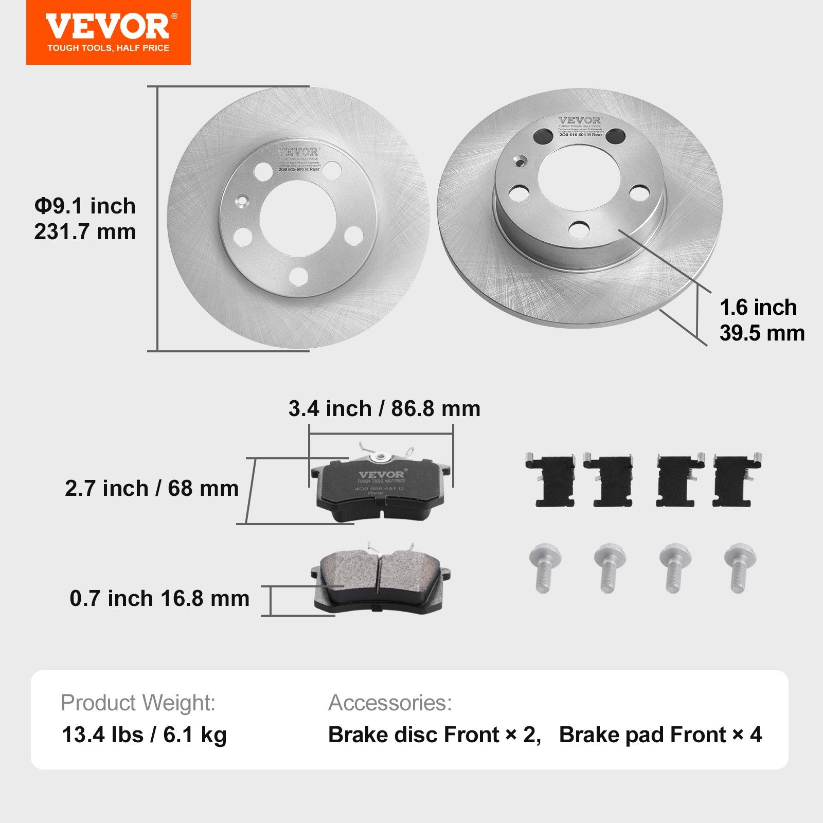 Galinių stabdžių diskų ir kaladėlių komplektas VEVOR 34144, 232 mm