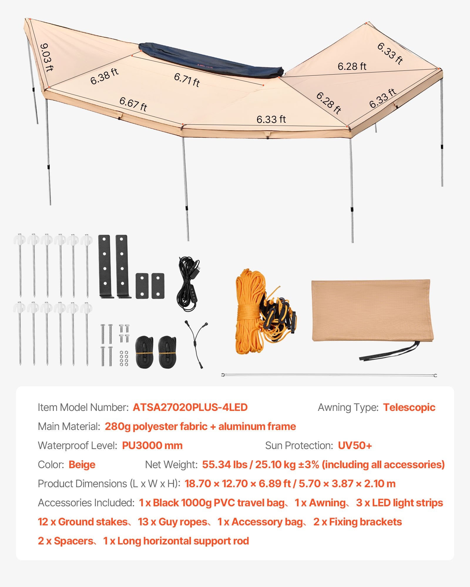 Automobilinė markizė VEVOR ATSA27020PLUS-4LED, 270 laipsnių, 10.9 m²