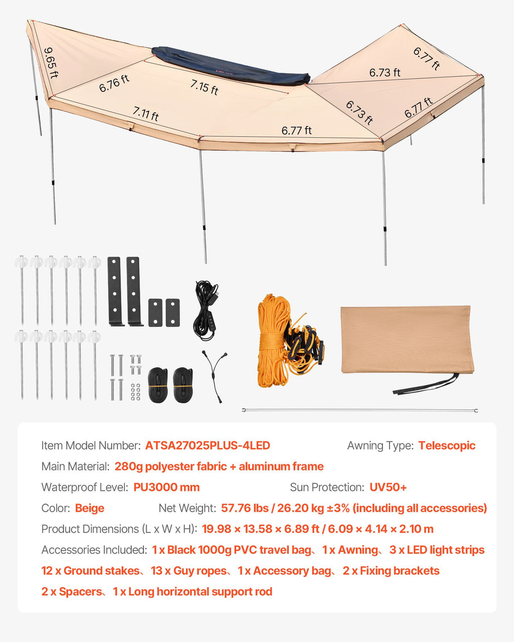 Automobilinė pavėsinė VEVOR ATSA27025PLUS-4LED, 12,4 m²