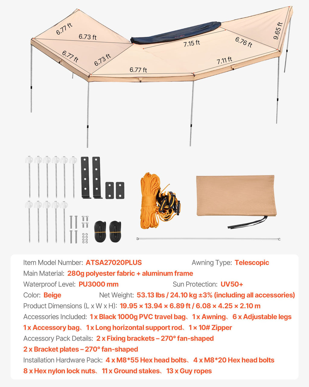 Automobilinė markizė VEVOR ATSA27020PLUS, 270 laipsnių, 12.4 m²