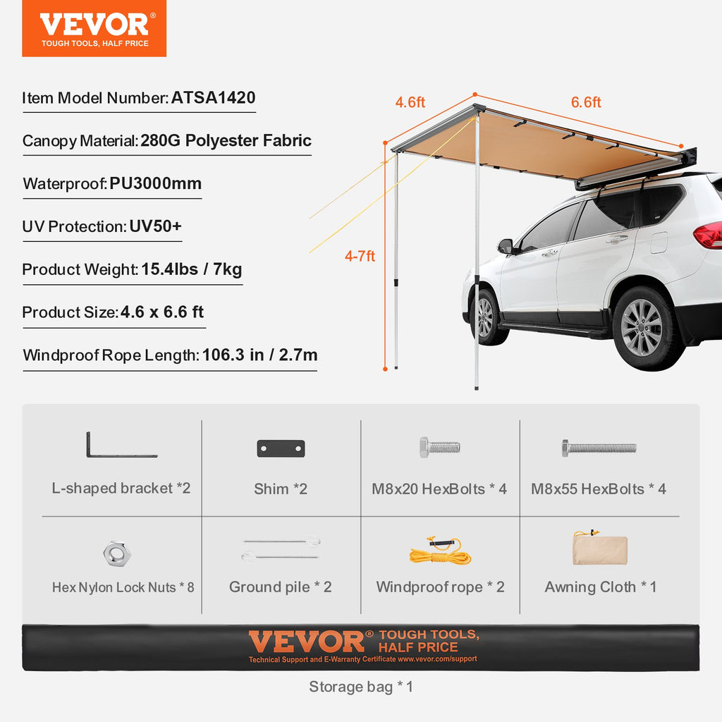 Automobilinė šoninė pavėsinė VEVOR ATSA1420, 1,4 x 2,0 m