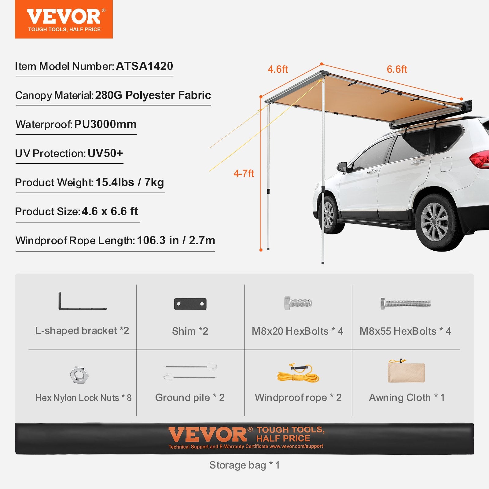 Automobilinė šoninė pavėsinė VEVOR ATSA1420, 1,4 x 2,0 m