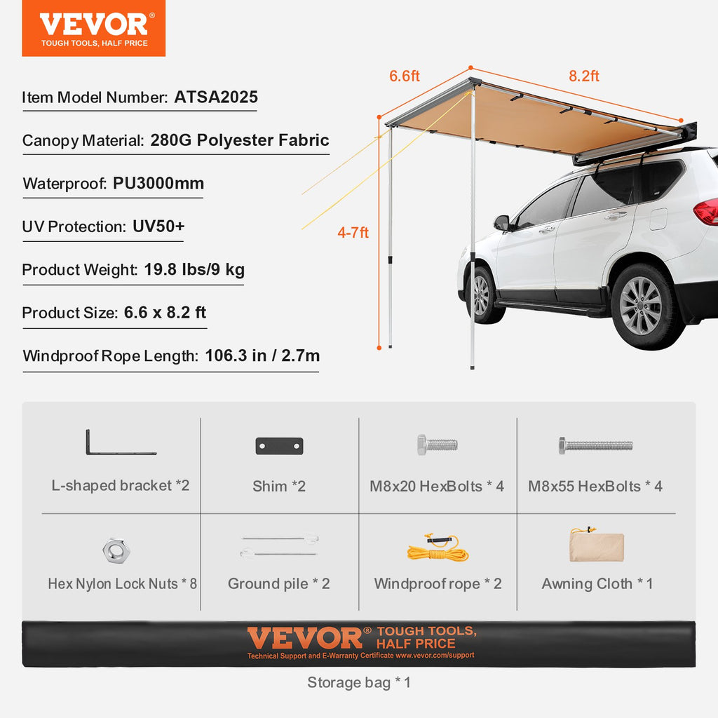 Automobilinė šoninė pavėsinė VEVOR ATSA2025, 2 x 2,5 m.