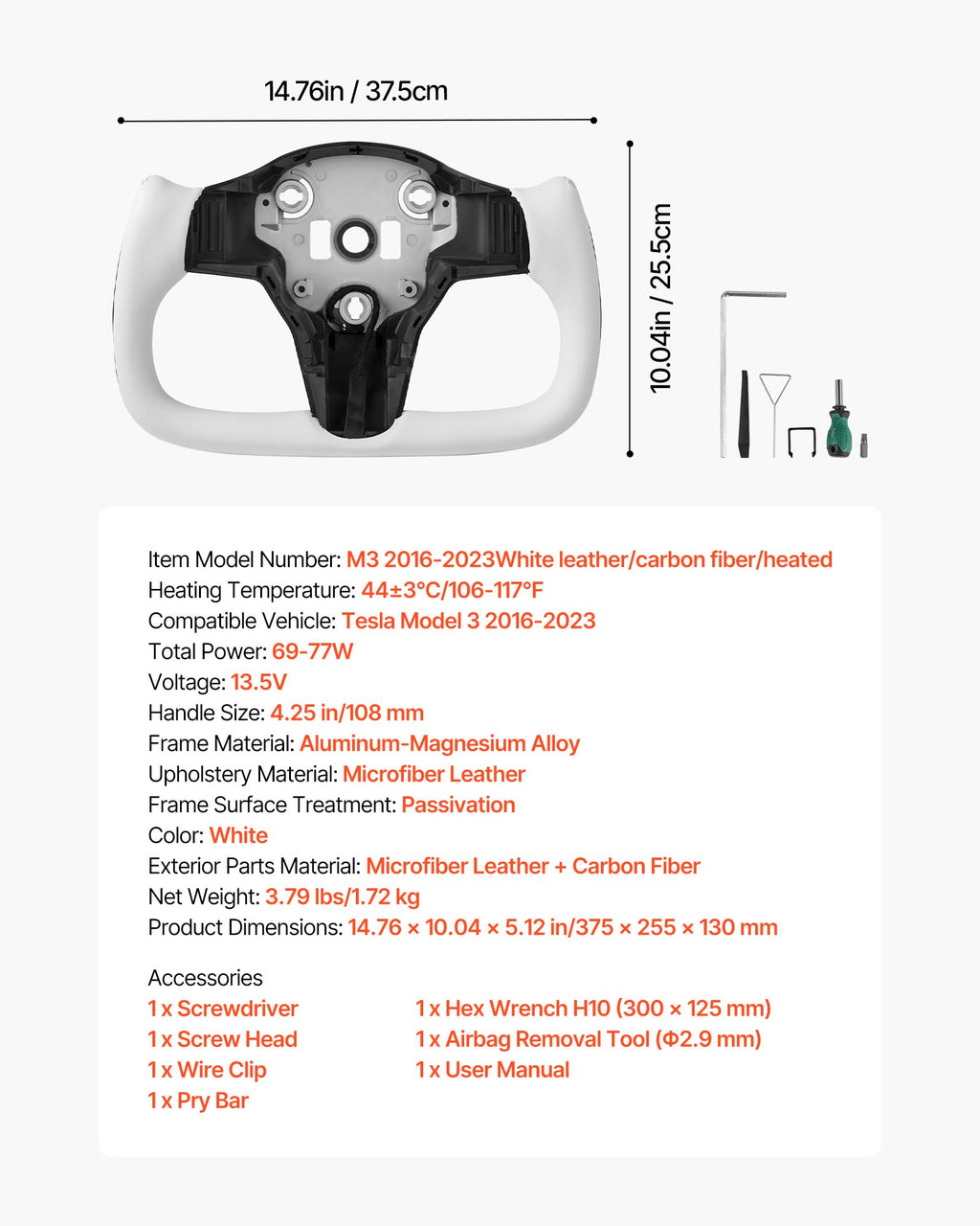 Vairas VEVOR Tesla Model 3 (2016-2023), anglies pluošto su šildymo funkcija