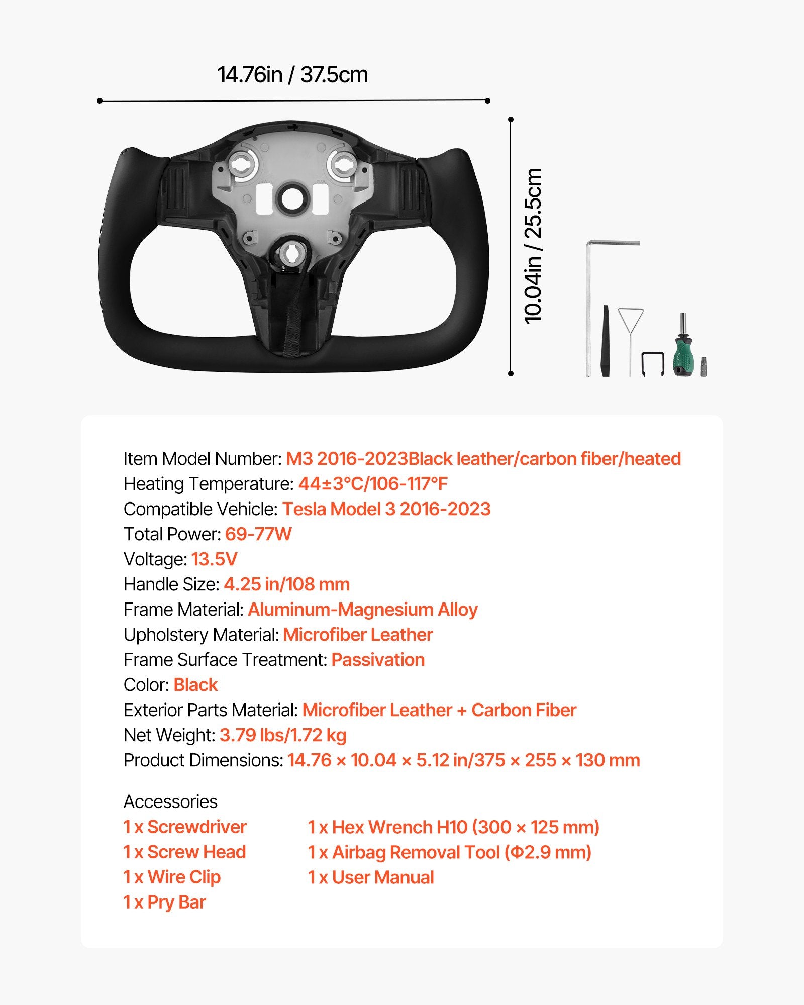 Vairas VEVOR Tesla Model 3 (2016-2023), anglies pluoštas su šildymo funkcija
