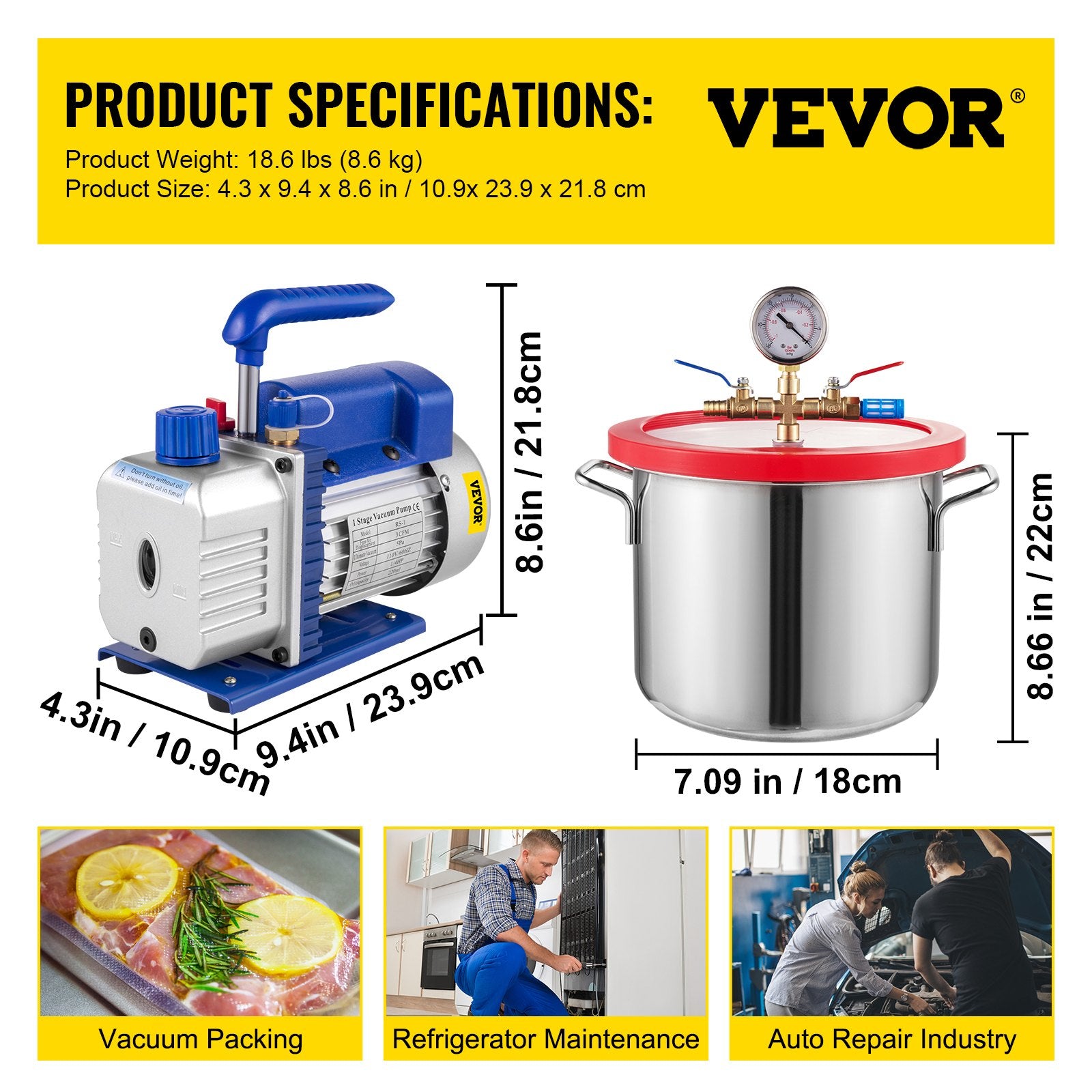 Vakuuminė kamera su siurbliu Vevor 5,7 L, 186 W