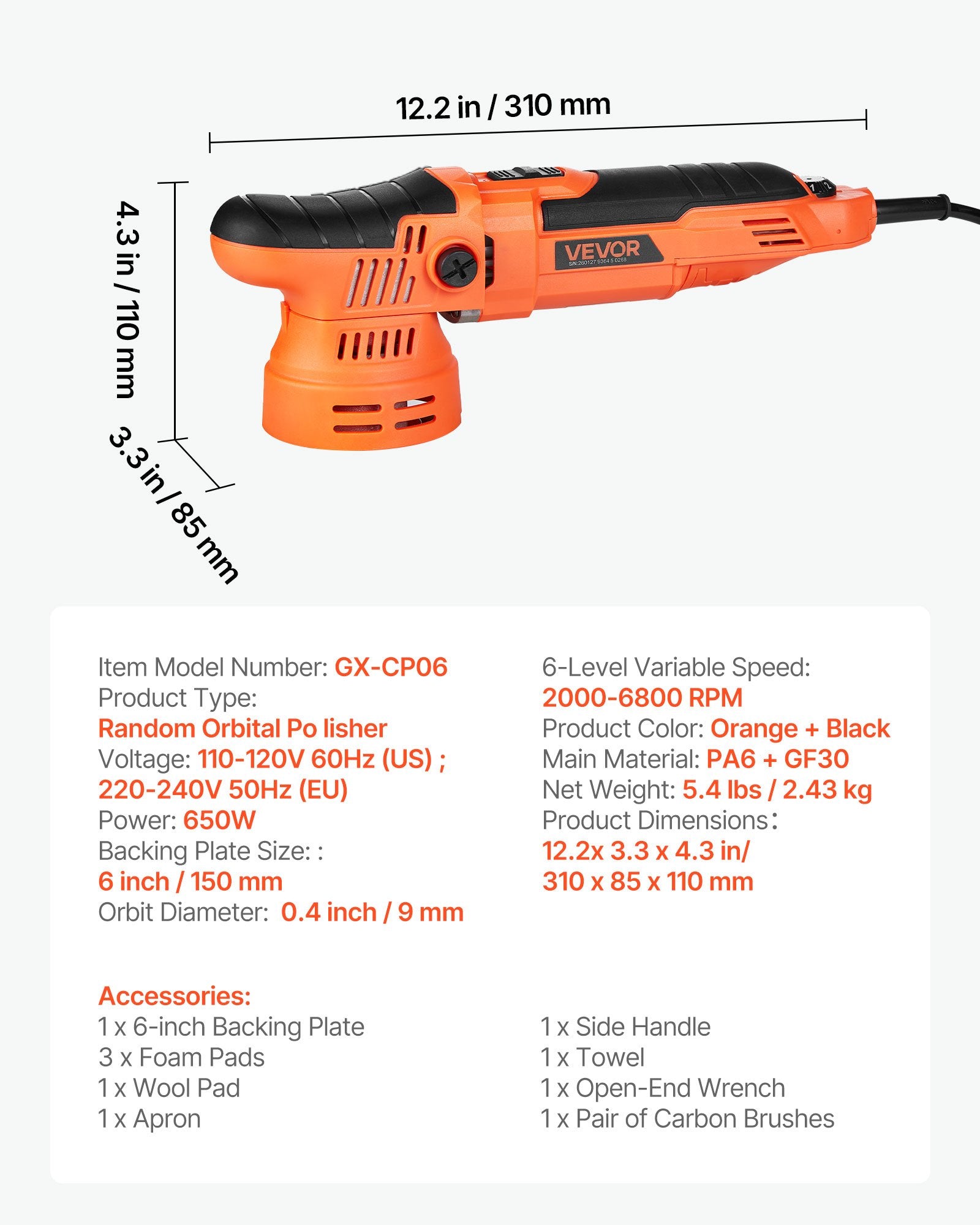 Ekscentrinis poliruoklis VEVOR GX-CP06, 650 W