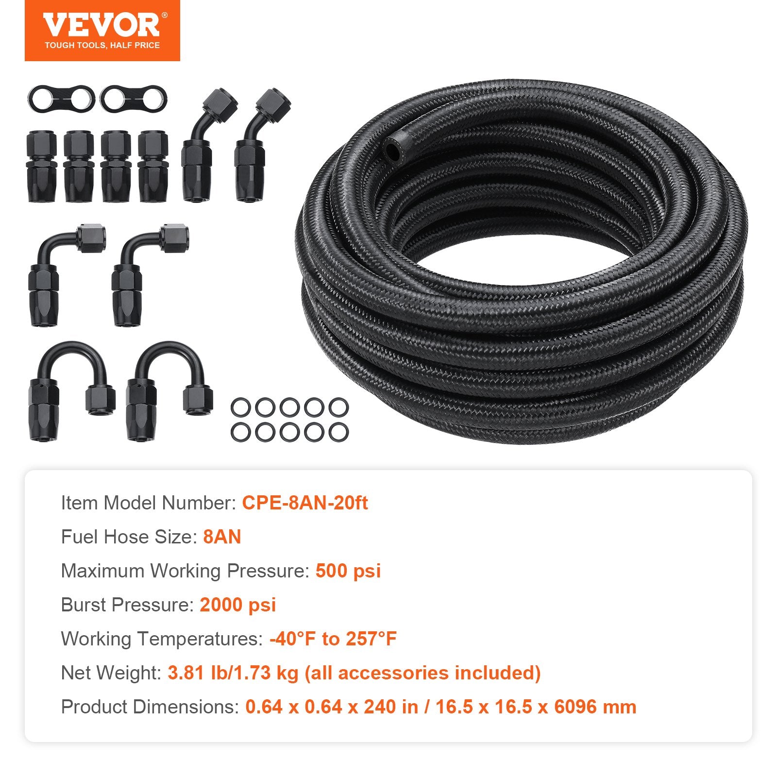 Degalų žarnų komplektas VEVOR CPE-8AN-20ft, 6 m