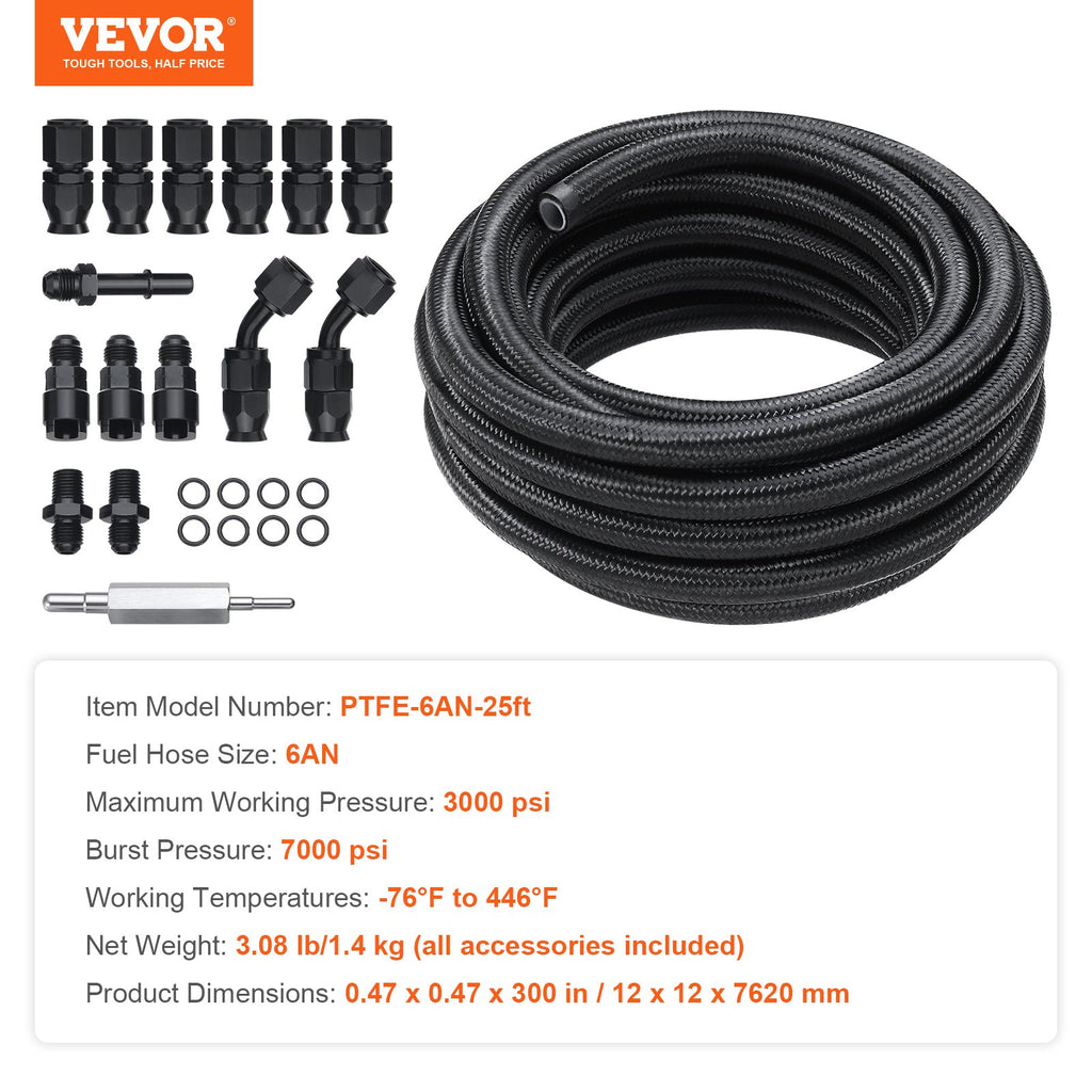 Kuro žarnų komplektas VEVOR PTFE-6AN-25ft, 7,62 m